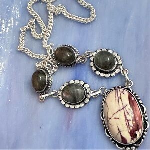 Hand Crafted Artisan Silver MOOKAITE  AND LABRADORITE Accents Drop Necklace New